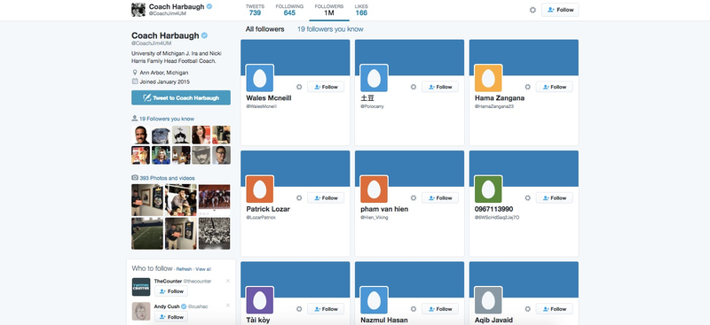 Illustration for article titled Jim Harbaugh And Urban Meyer Reach Dumb Twitter Milestone With Fake Followers